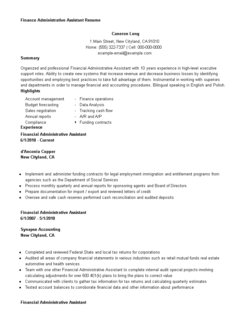 finance administrative assistant resume modèles