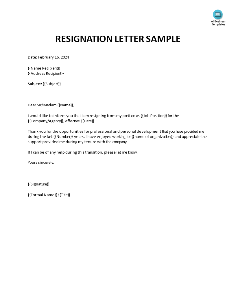 letters of resignation from a job template