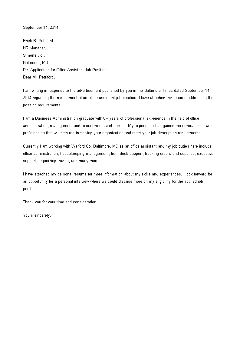 job application letter for office assistant template