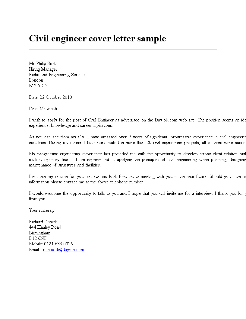 sample cover letter for job application civil engineering