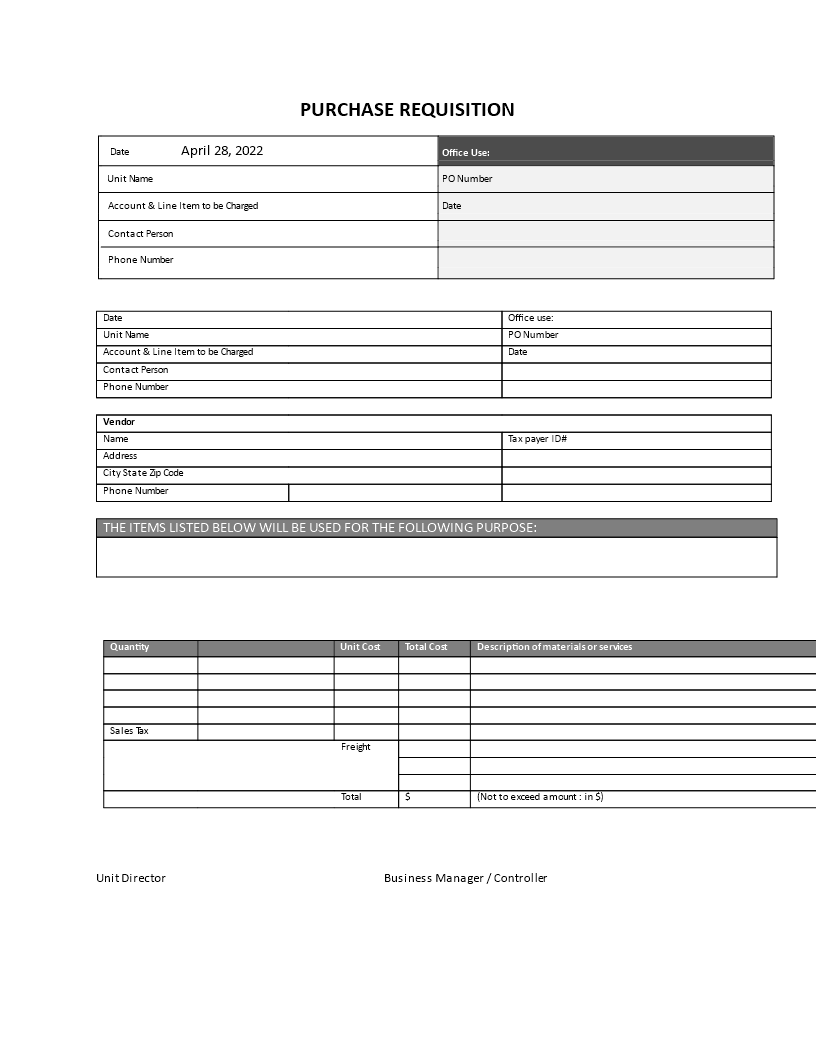 purchase requisition form Hauptschablonenbild