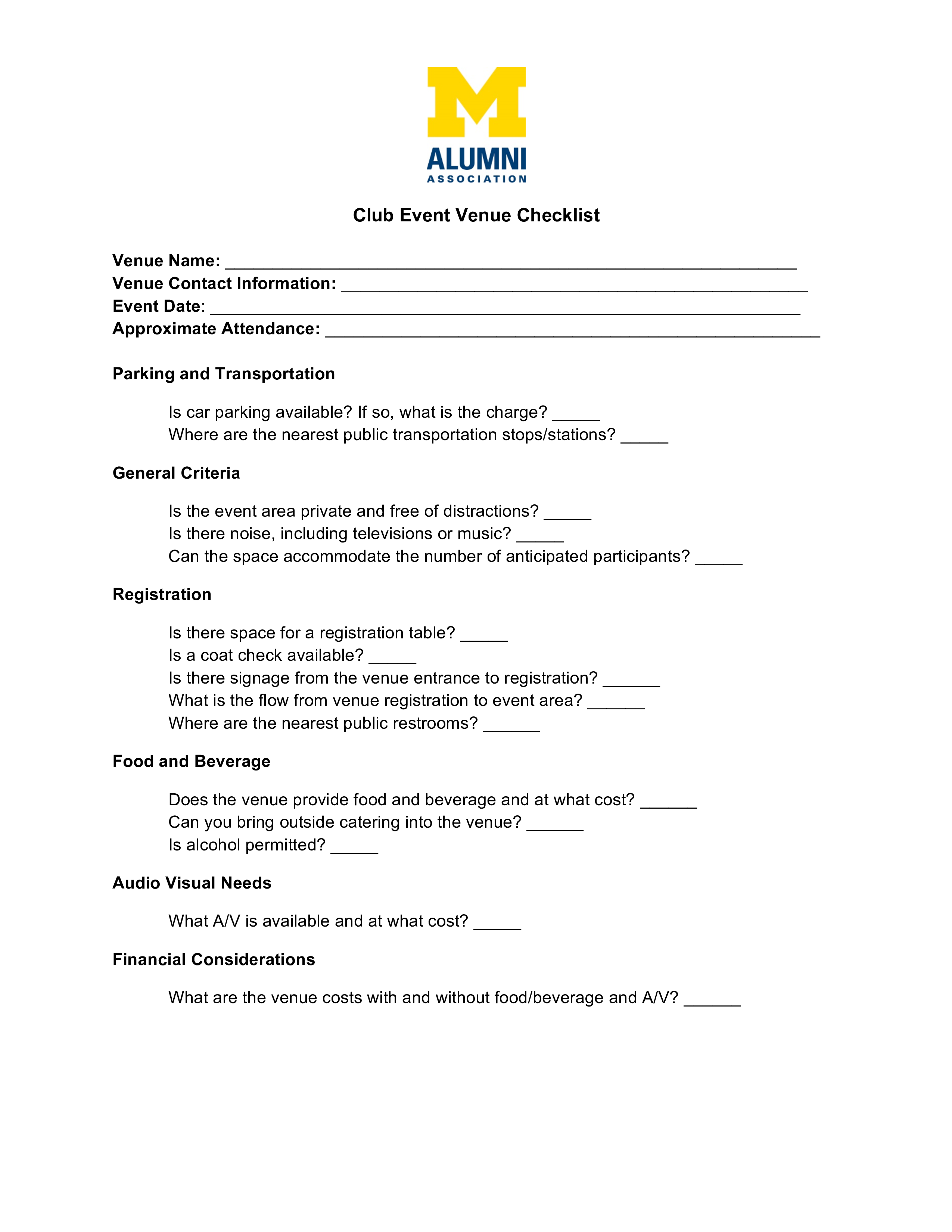 club event venue checklist template