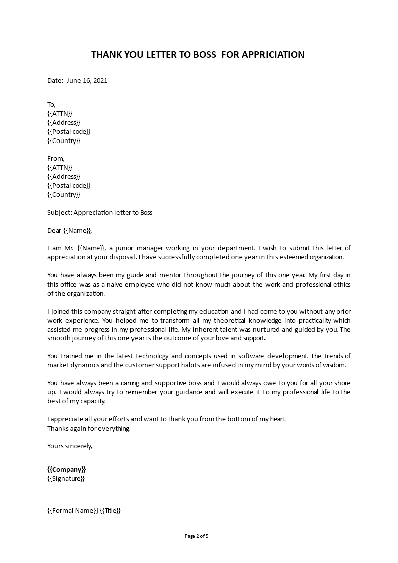 thank you letter to boss for positive improvement team modèles