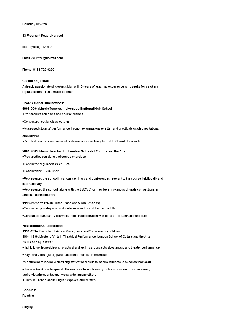 music teacher cv voorbeeld afbeelding 