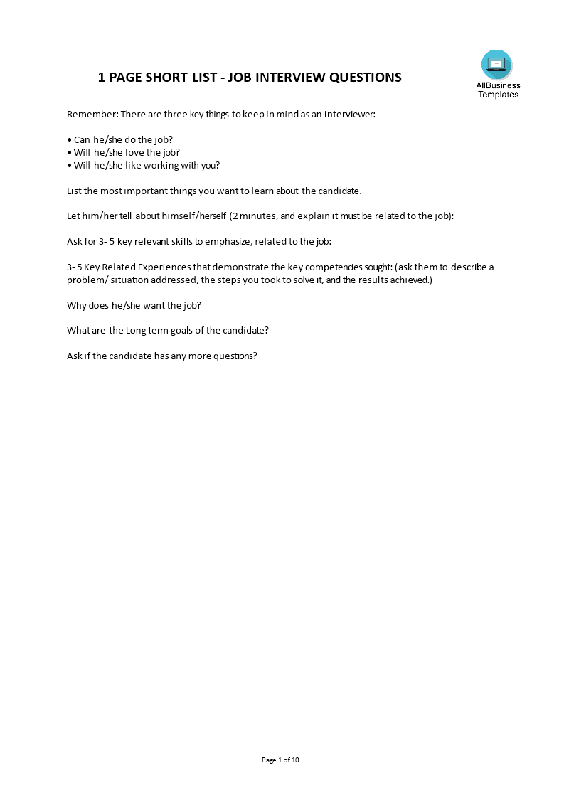 one page interview agenda template
