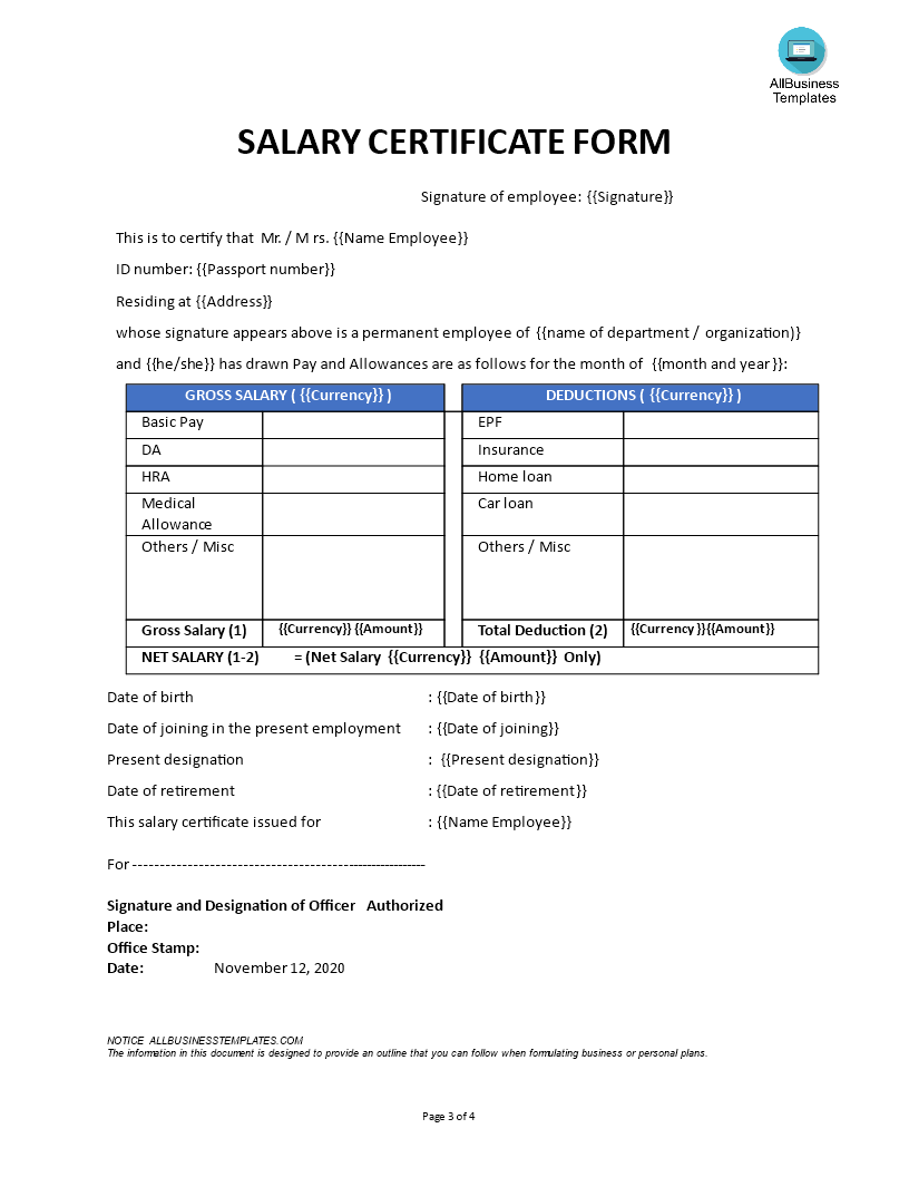 Kostenloses Salary Certificate