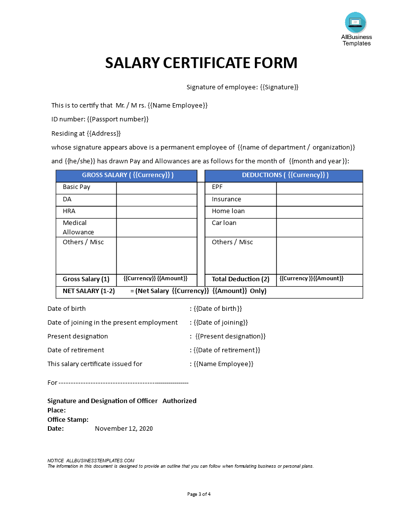 salary certificate modèles