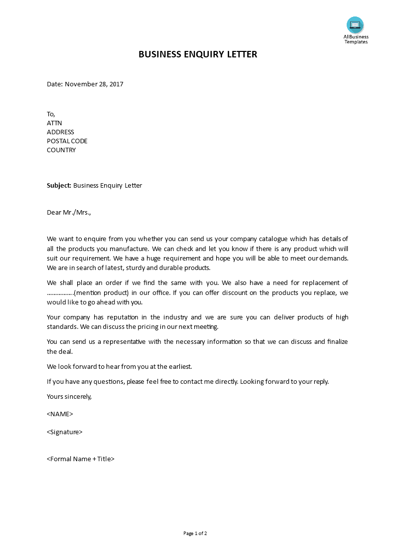 business enquiry letter voorbeeld afbeelding 