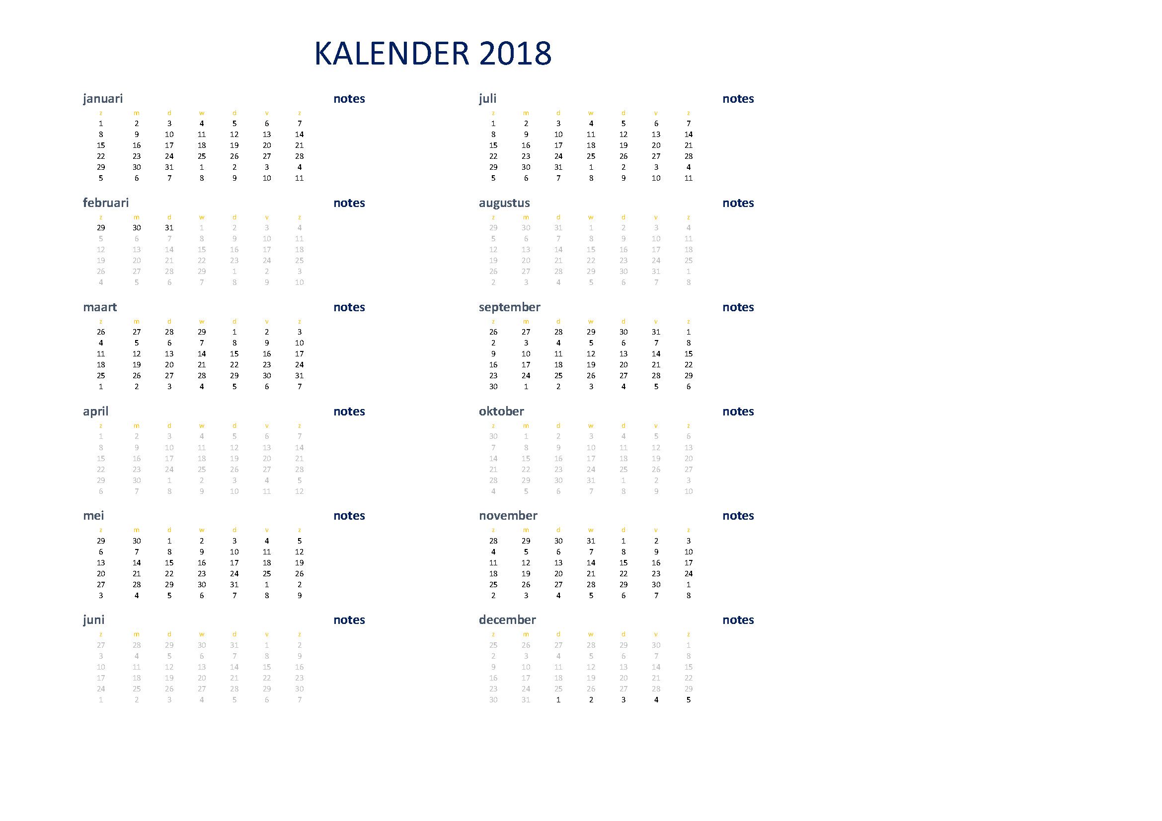 2018 kalender excel a3 nl voorbeeld afbeelding 