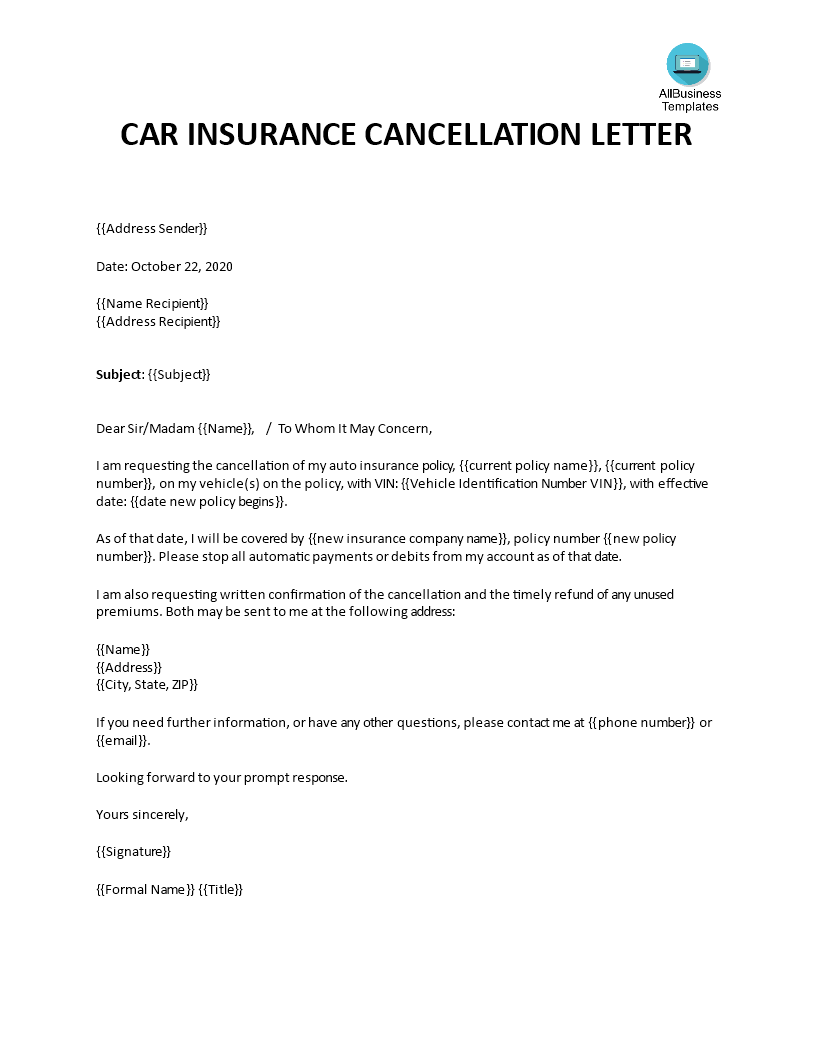 汽车保险取消函（英文样本信和写作建议） voorbeeld afbeelding 