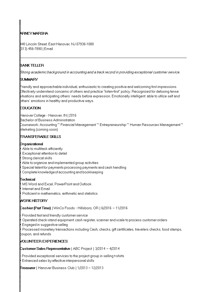 Entry Level Banking Job Resume main image