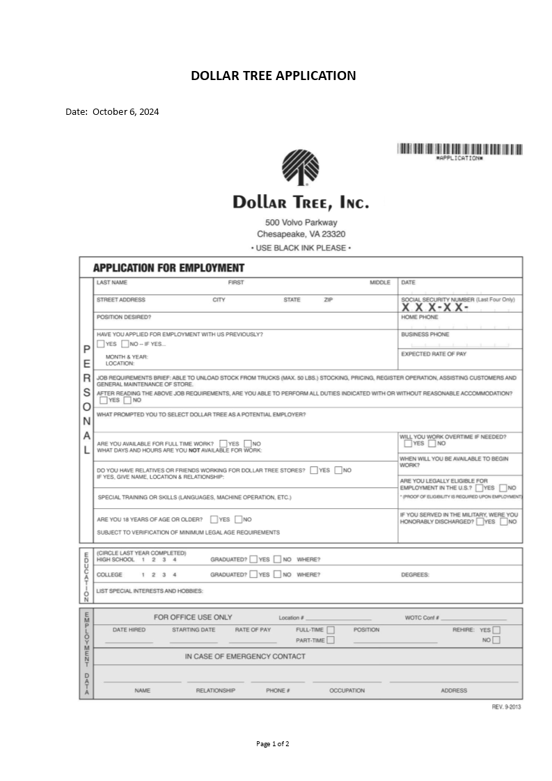 dollar tree application template