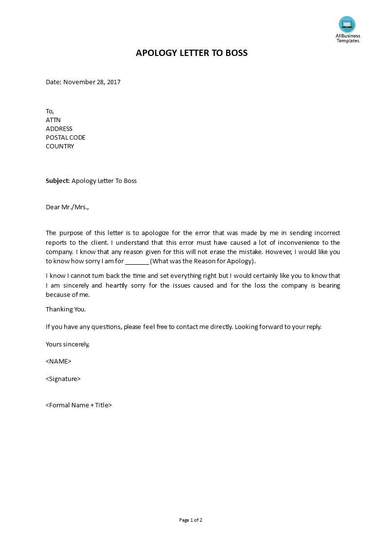  Apology Letter To Boss Allbusinesstemplates