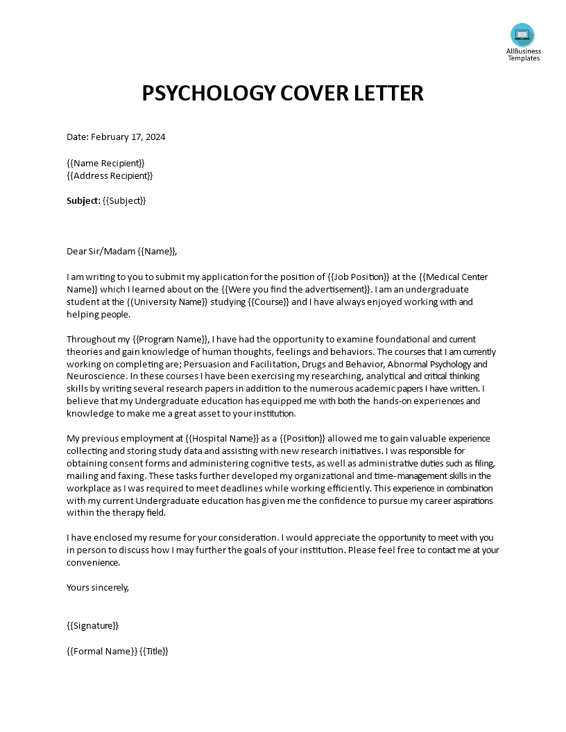 Psychology Cover Letter 模板