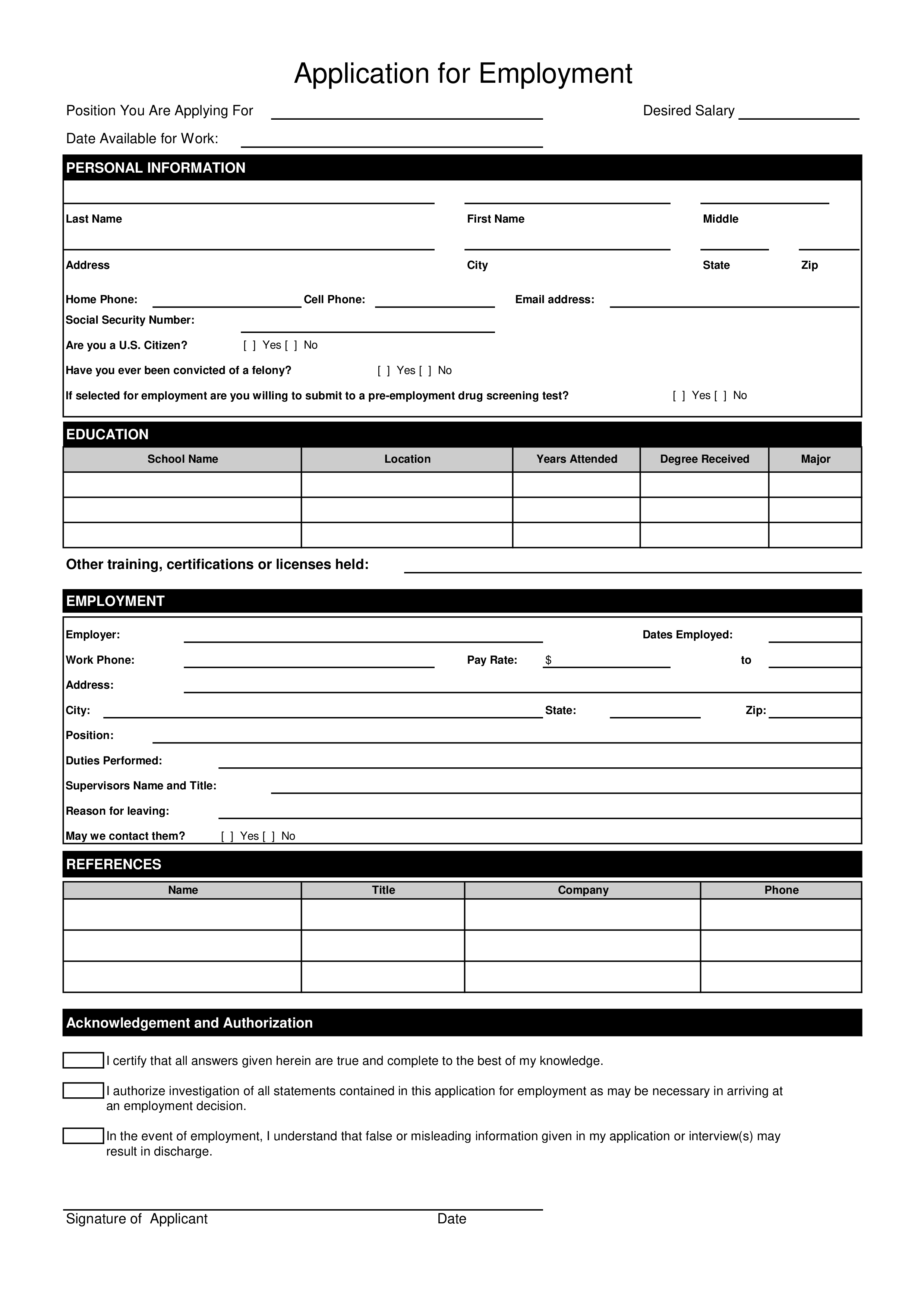 simple job application form template