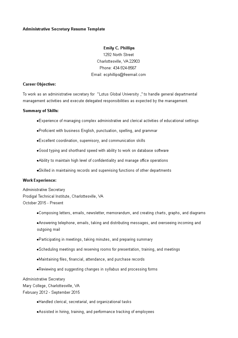 administrative resume modèles