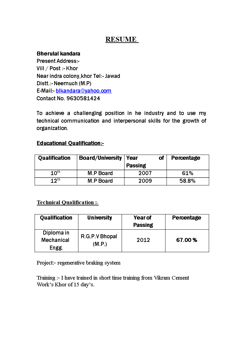 diploma fresher resume format modèles