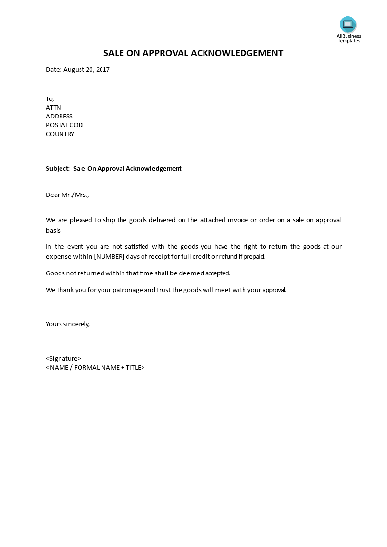 Sale on Approval acknowledgement main image