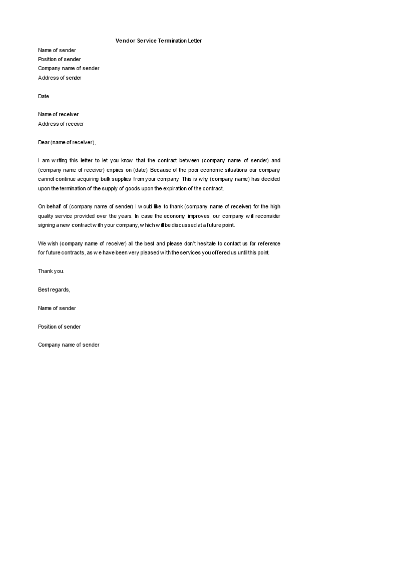 vendor service termination letter template