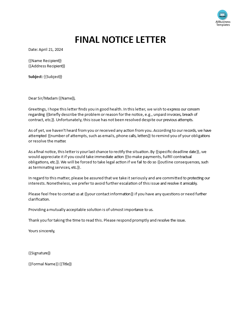 final notice letter Hauptschablonenbild