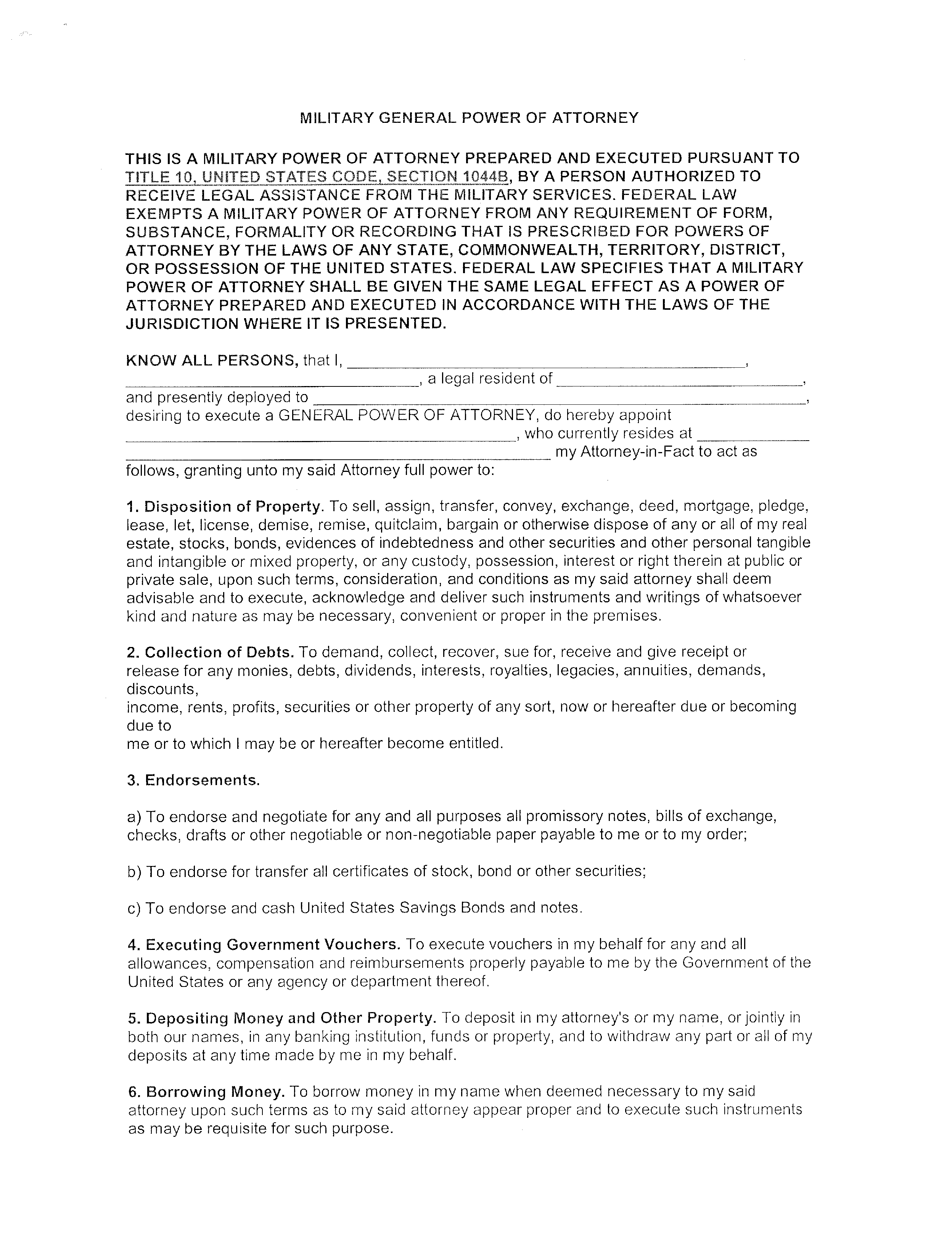 military general power of attorney form template
