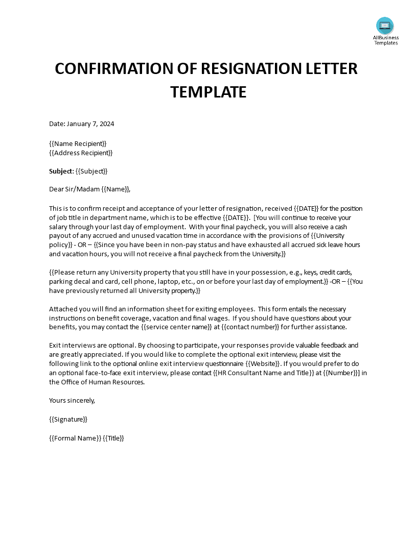 confirmation of resignation letter template