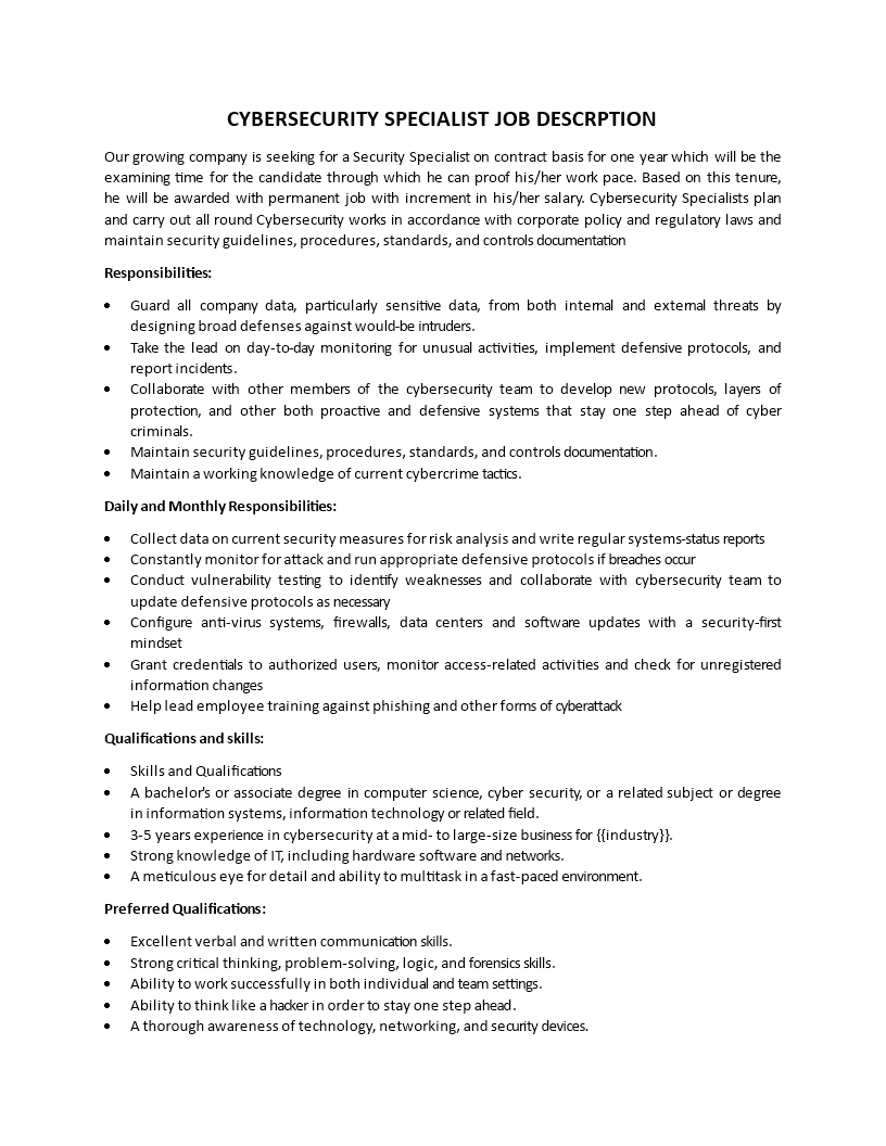 cybersecurity analyst job description template