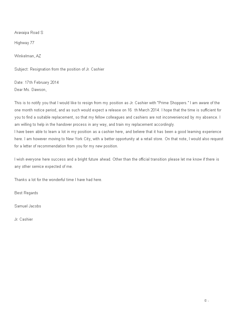 Cashier Resignation Letter Format 模板