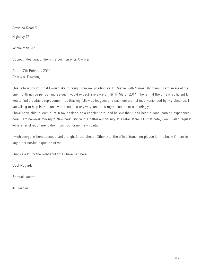 cashier resignation letter format modèles