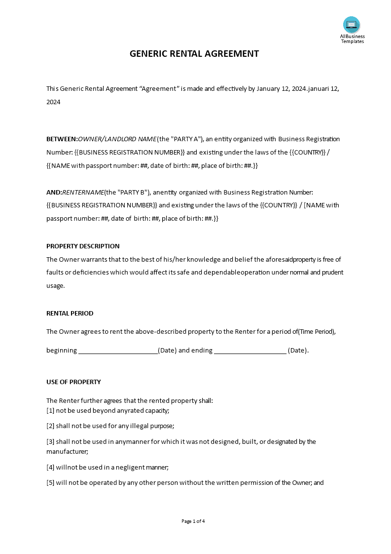 Rental Agreement (Generic) Template - Modèle Professionnel