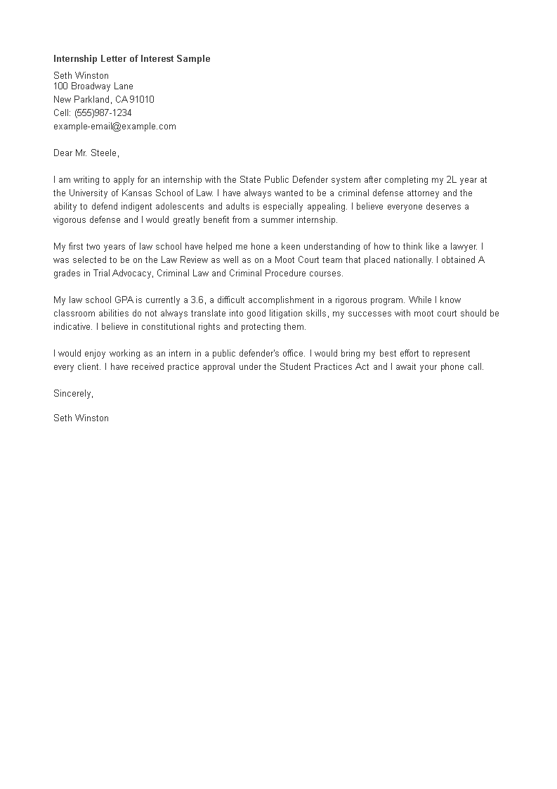 letter of interest for internship modèles