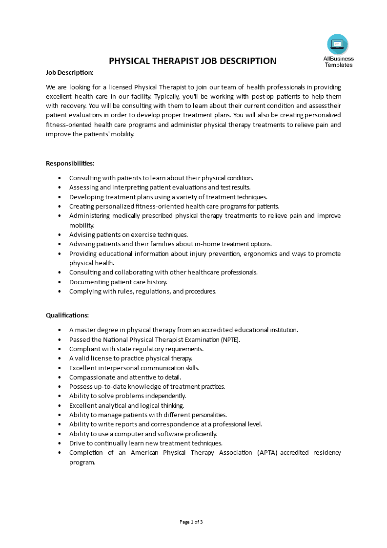 physical therapist job description modèles