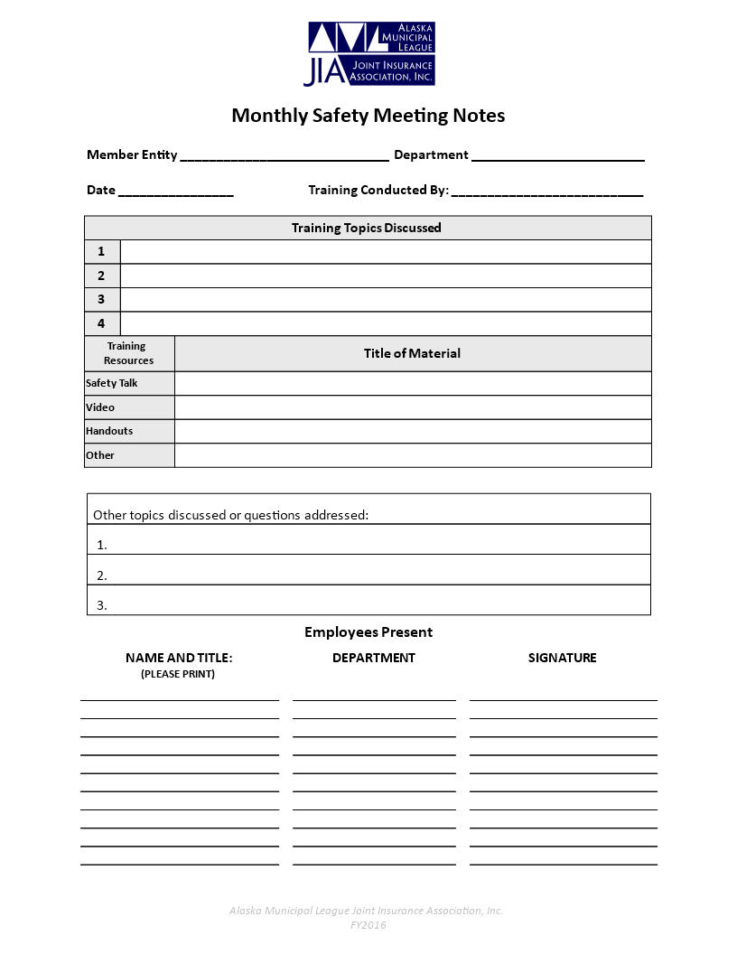 Kostenloses Safety Meeting Notes Intended For Template For Meeting Notes