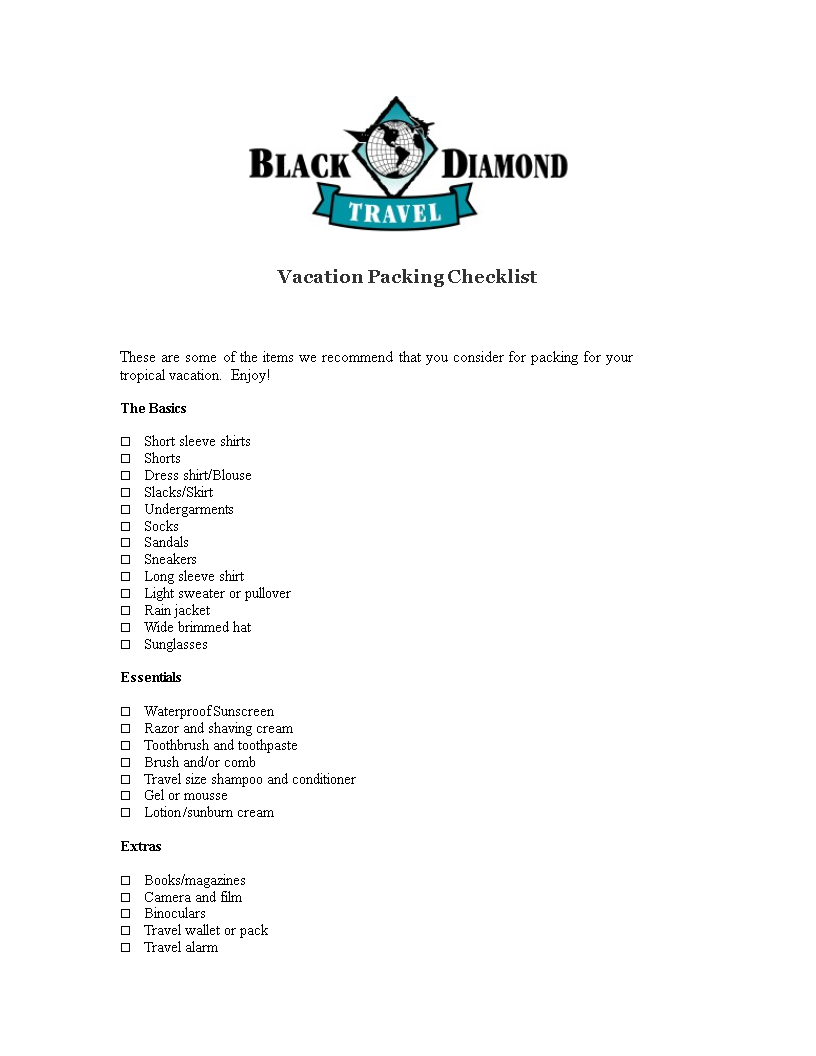 basic vacation packing checklist voorbeeld afbeelding 