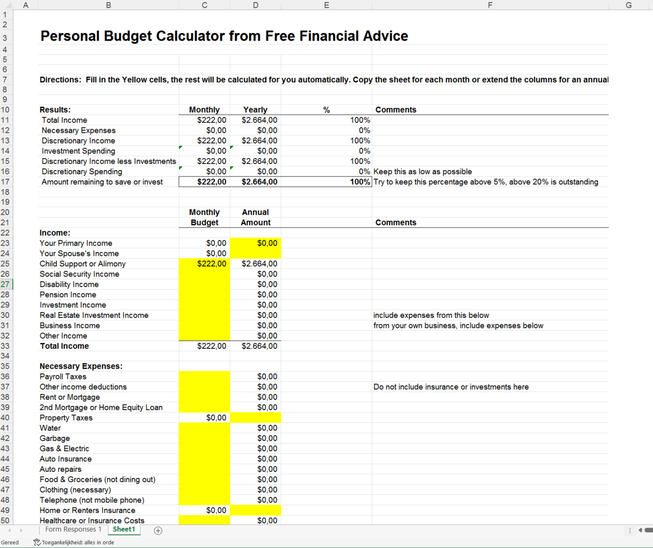 budget template worksheet excel voorbeeld afbeelding 