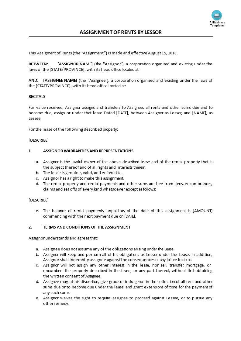 assignment of rents by lessor voorbeeld afbeelding 