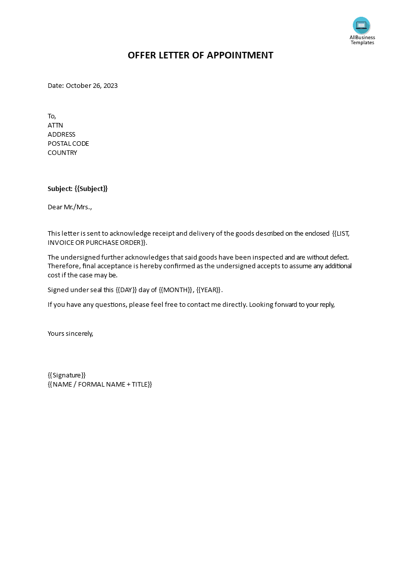 appointment offer acceptance letter Hauptschablonenbild