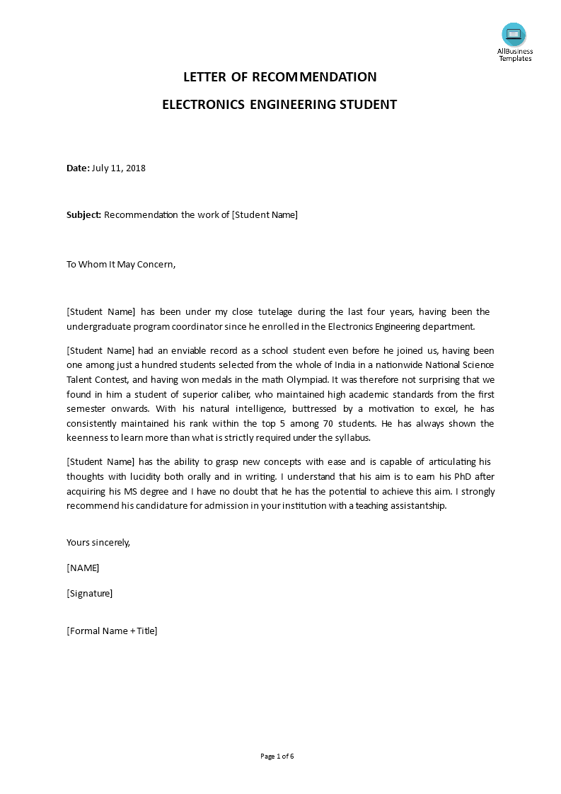 electro-engineer letter of recommendation template