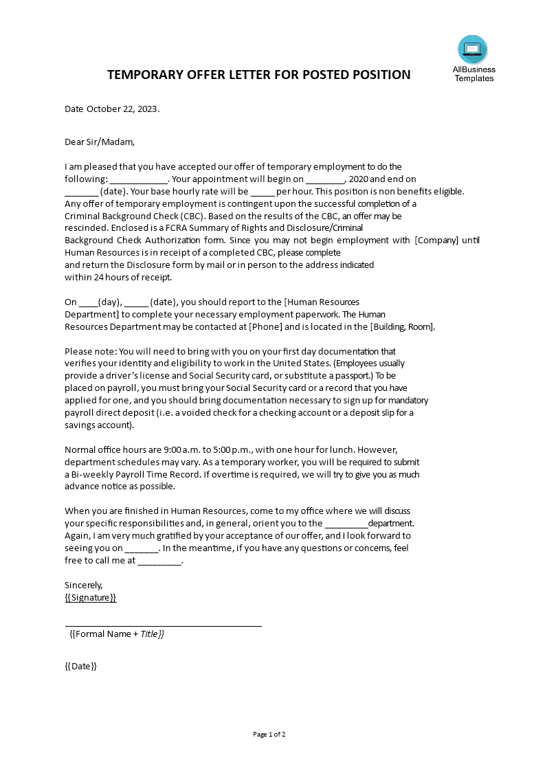 temporary employment offer letter sample template