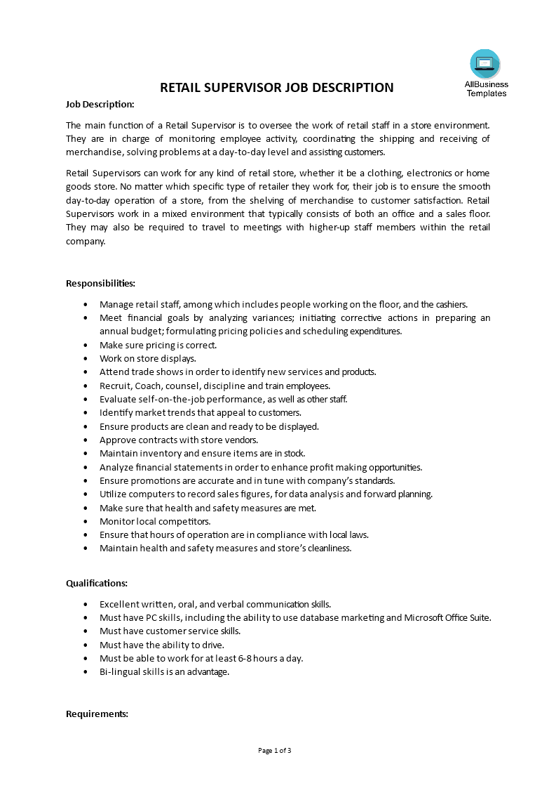 retail supervisor job description template