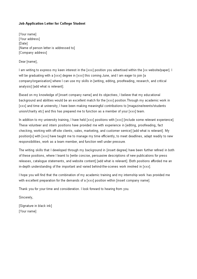 College Student Cover Letter Example from www.allbusinesstemplates.com