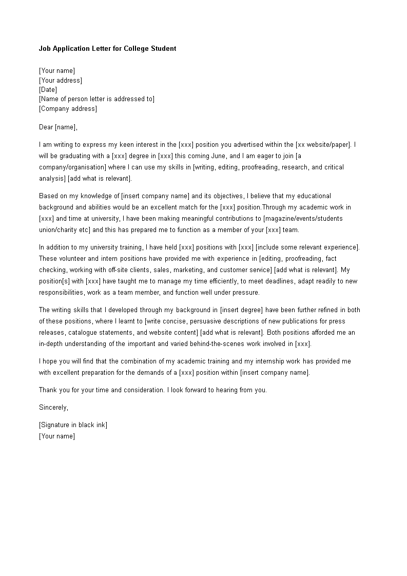 business application letter example for students