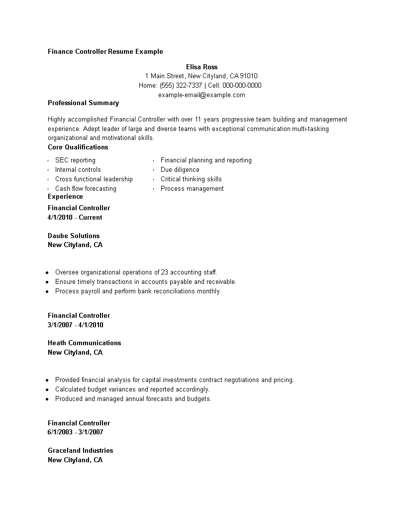 Finance Controller Resume main image