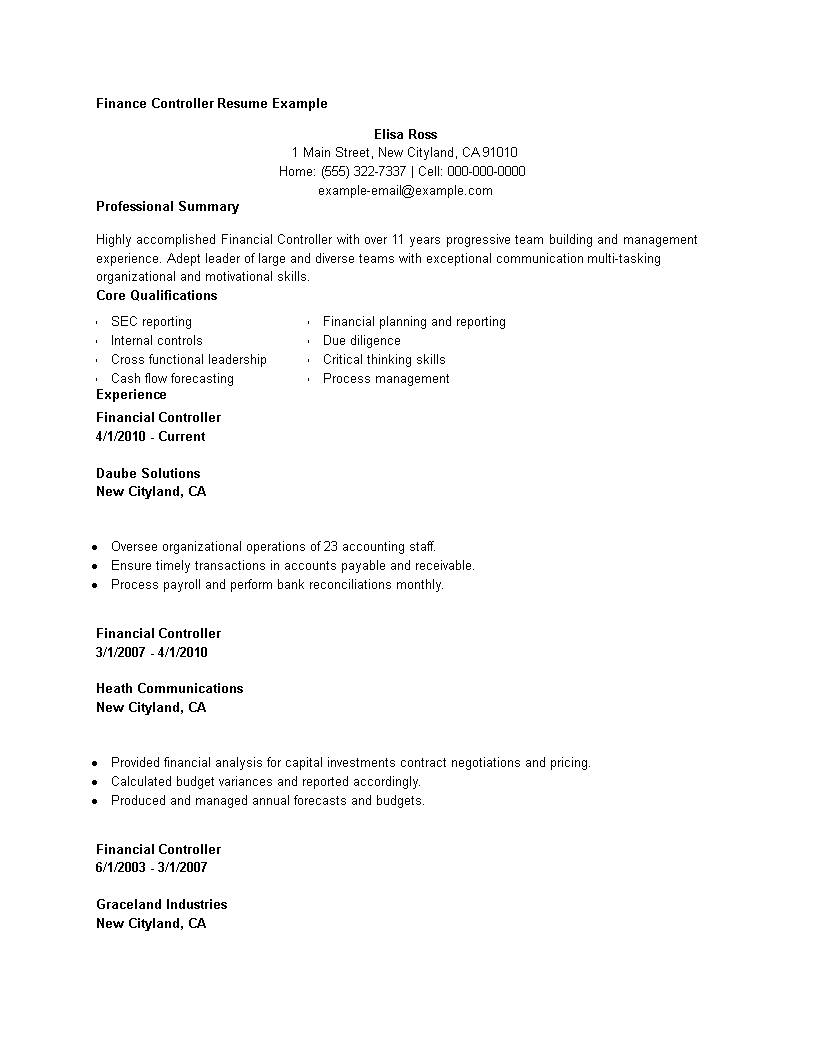 finance controller resume plantilla imagen principal