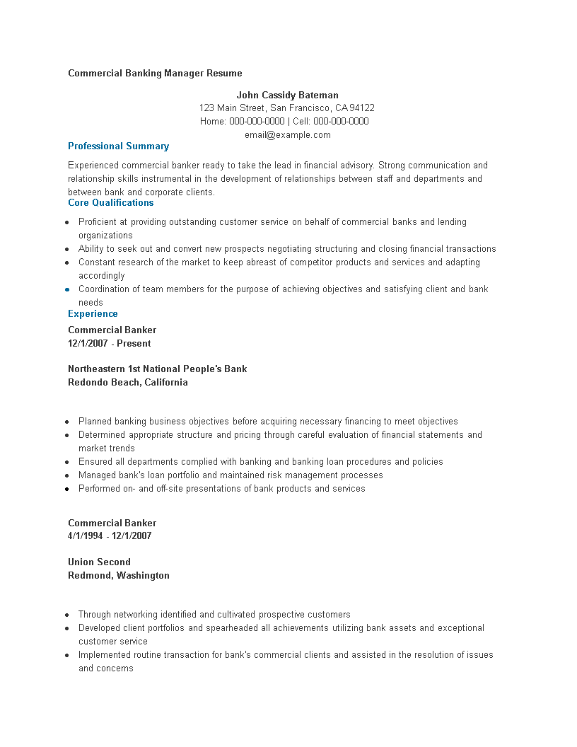 commercial banking manager resume sample modèles