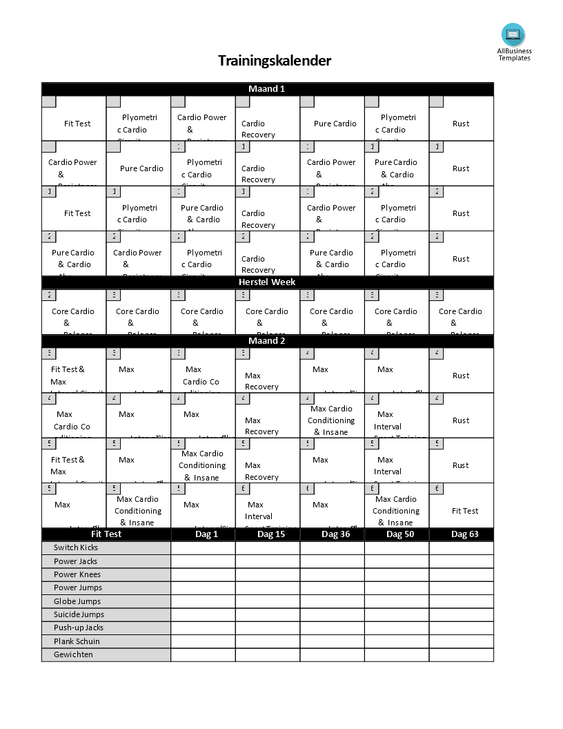 intensieve work-out training kalender Hauptschablonenbild