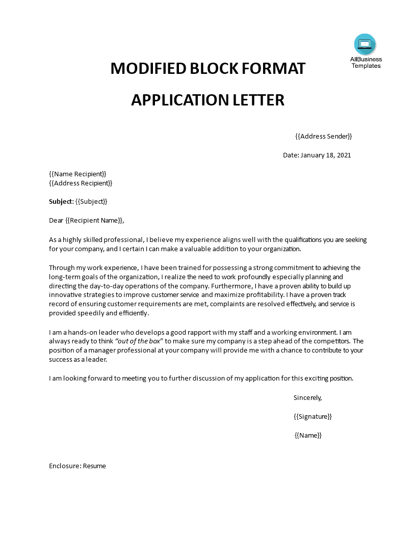 application letter in full block style