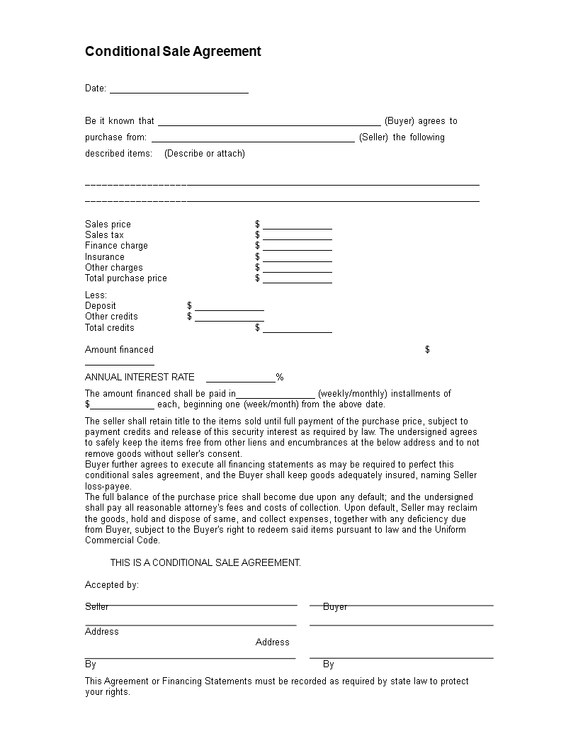 conditional sales agreement word template