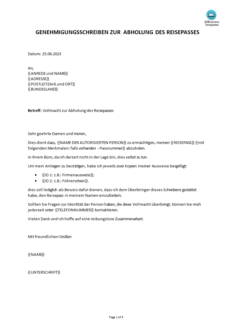 autorisierungsschreiben für reisepass template