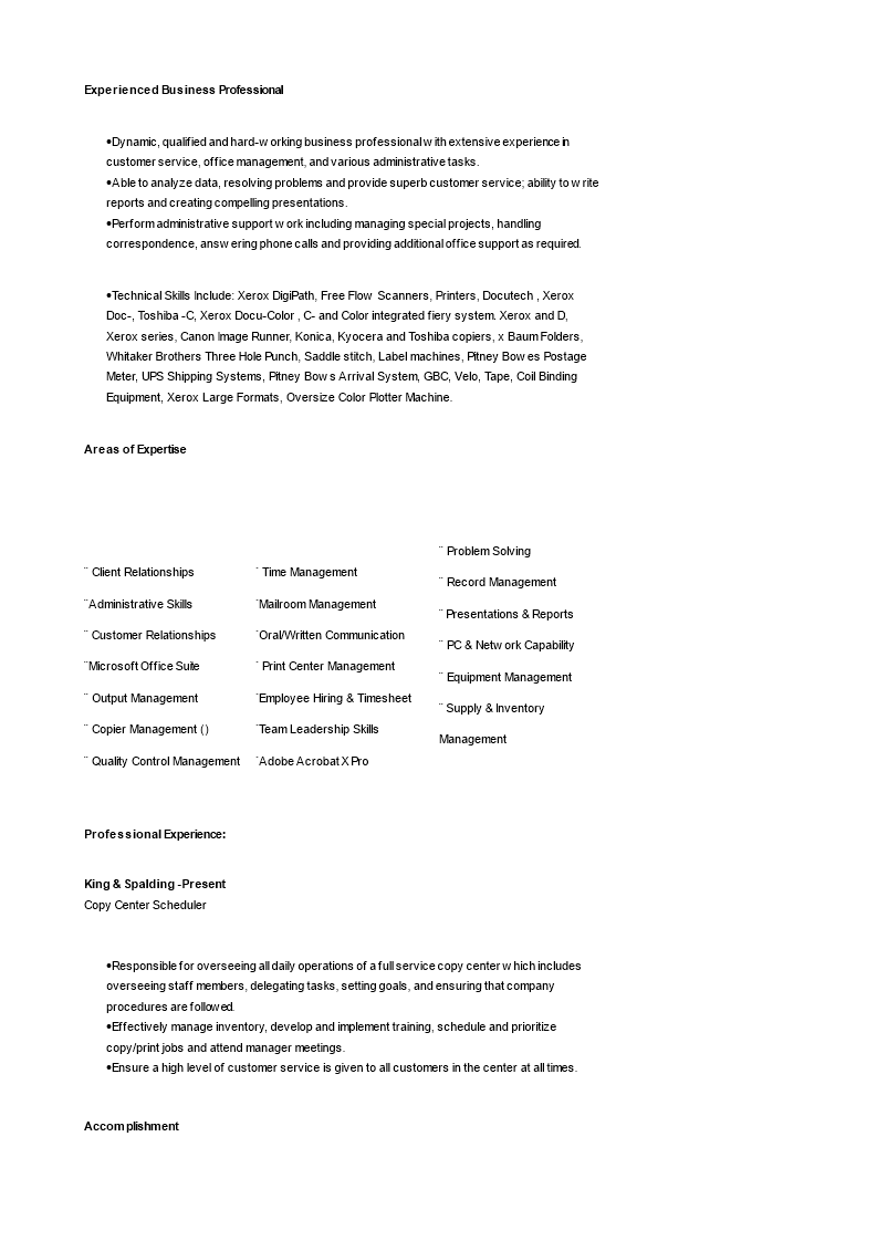 experienced business professional resume voorbeeld afbeelding 